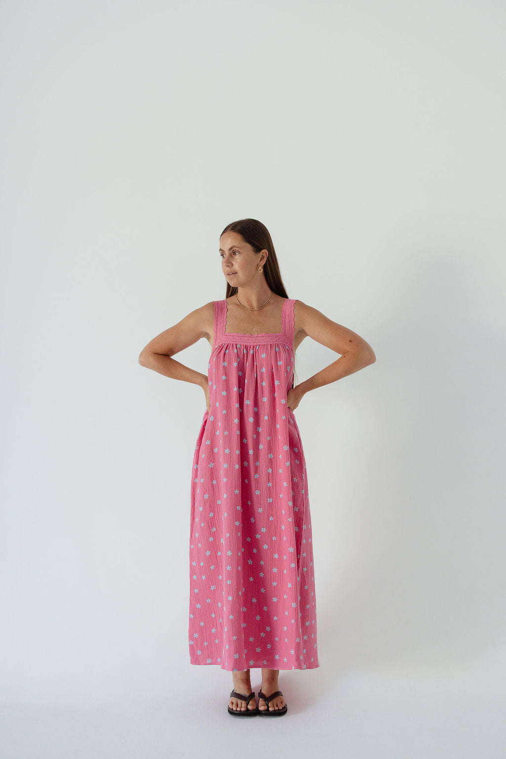 LADIES JUNO LACE NECK SLIP DRESS -  PINK FLORAL