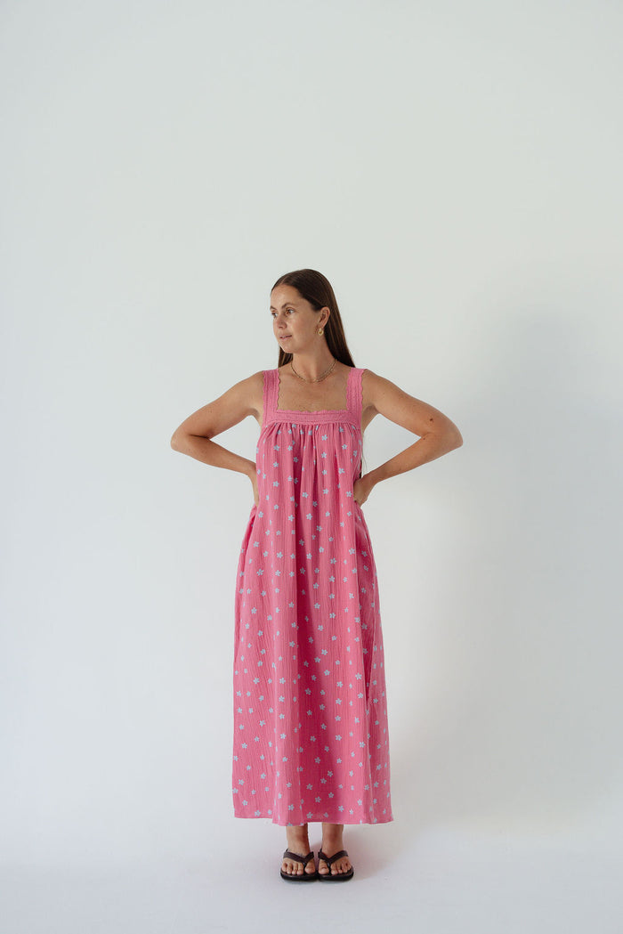 LADIES JUNO LACE NECK SLIP DRESS -  PINK FLORAL