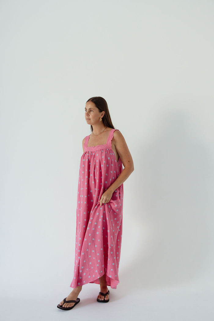 LADIES JUNO LACE NECK SLIP DRESS -  PINK FLORAL