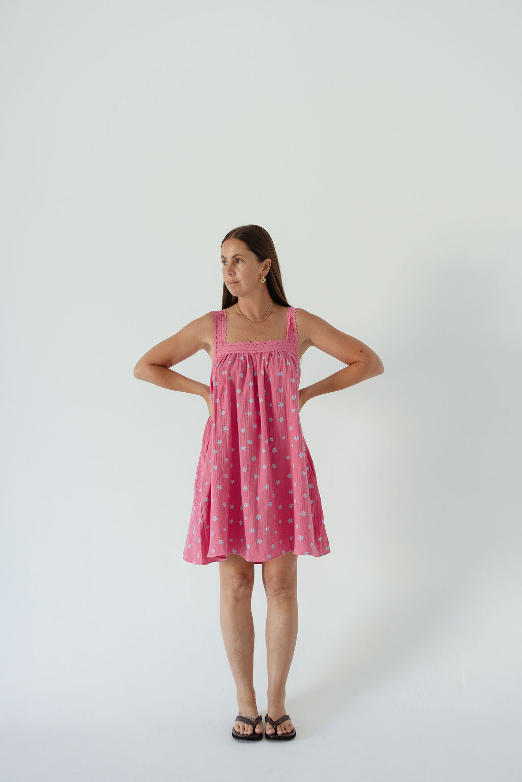 LADIES JUNO LACE NECK MINI DRESS - PINK FLORAL