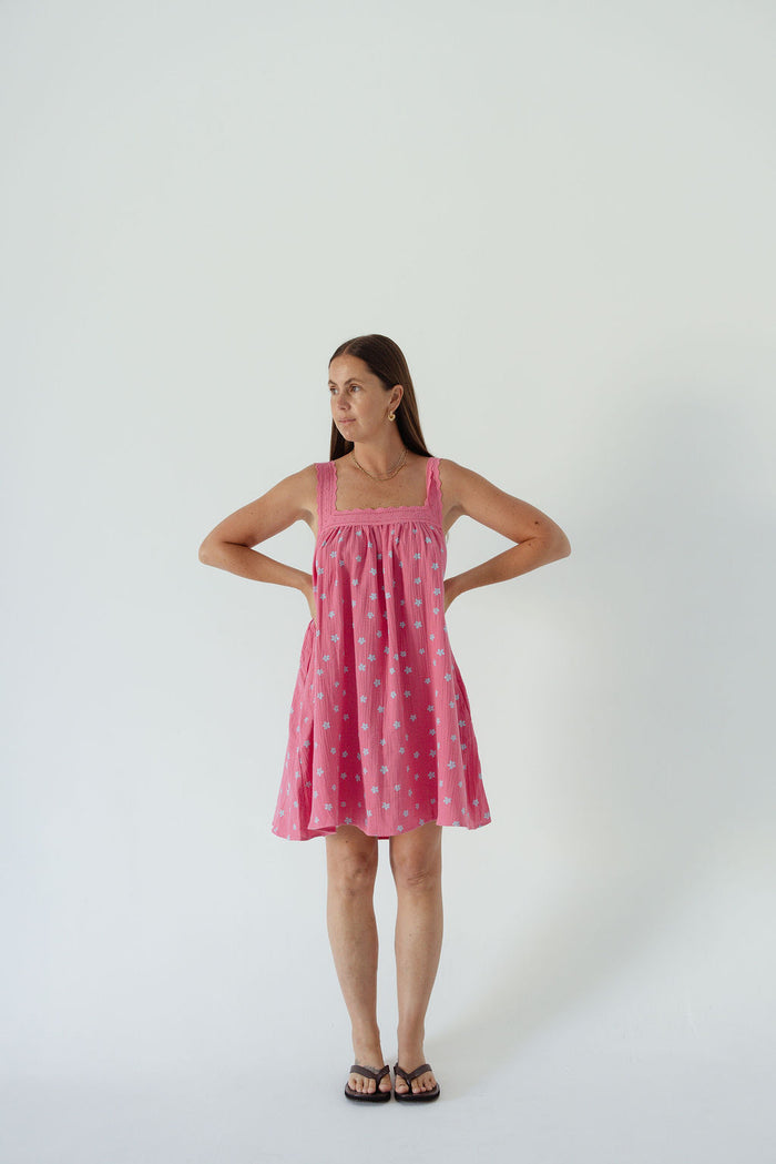 LADIES JUNO LACE NECK MINI DRESS - PINK FLORAL