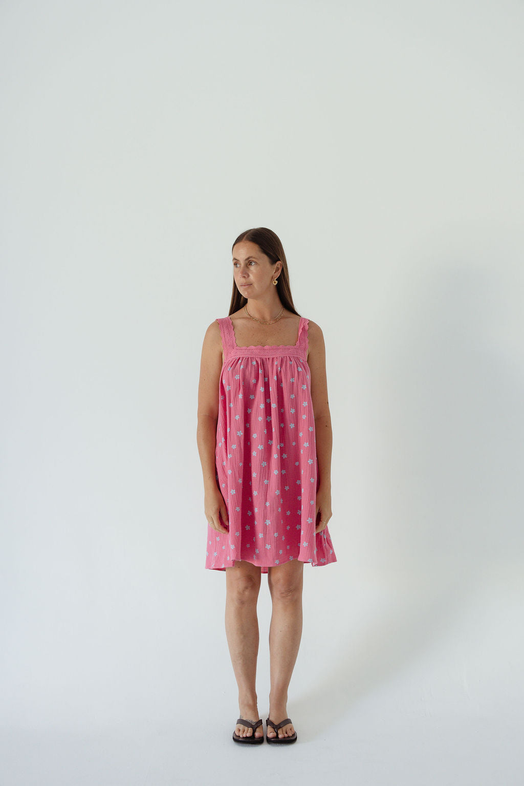 LADIES JUNO LACE NECK MINI DRESS - PINK FLORAL