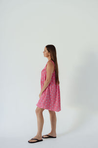 LADIES JUNO LACE NECK MINI DRESS - PINK FLORAL