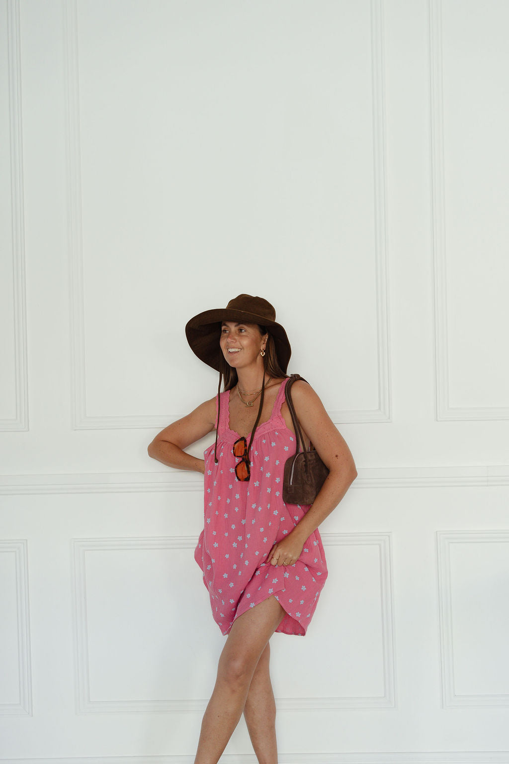 LADIES JUNO LACE NECK MINI DRESS - PINK FLORAL