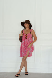 LADIES JUNO LACE NECK MINI DRESS - PINK FLORAL