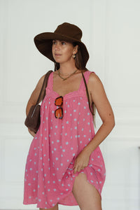 LADIES JUNO LACE NECK MINI DRESS - PINK FLORAL