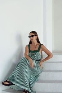 LADIES JUNO LACE NECK SLIP DRESS -  EMERALD STRIPE