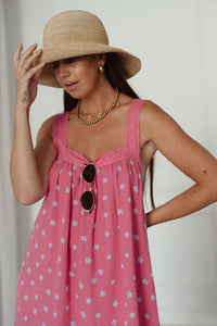 LADIES JUNO LACE NECK SLIP DRESS -  PINK FLORAL