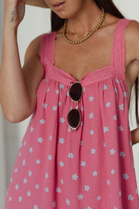 LADIES JUNO LACE NECK MINI DRESS - PINK FLORAL