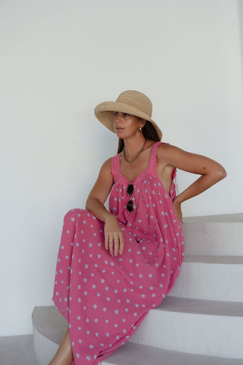 LADIES JUNO LACE NECK SLIP DRESS -  PINK FLORAL