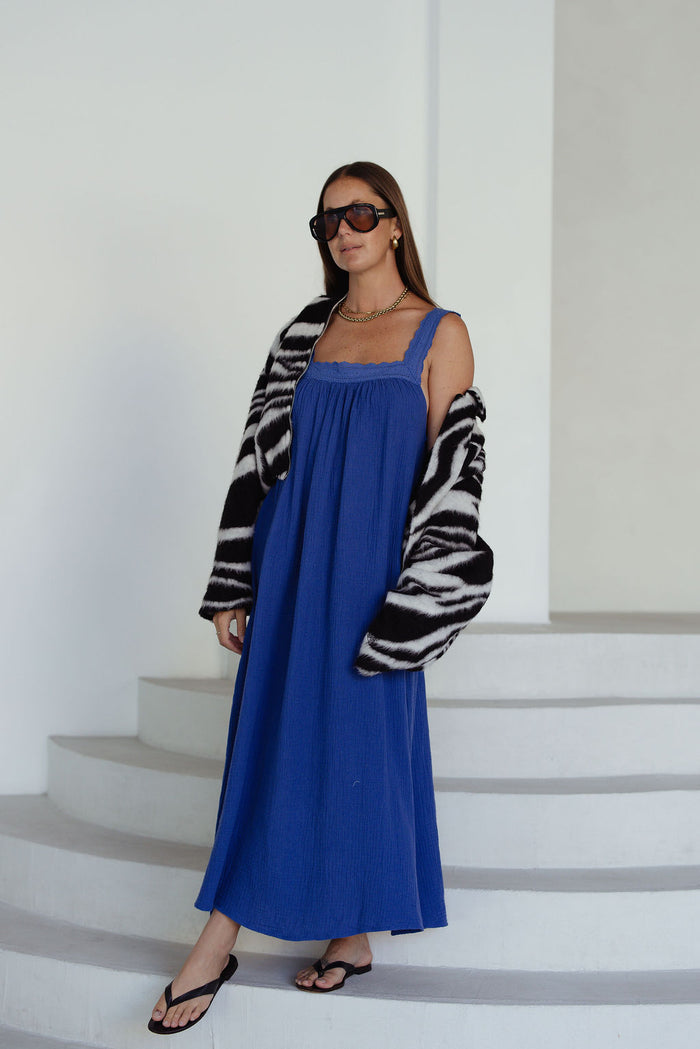 LADIES JUNO LACE NECK SLIP DRESS - COBALT