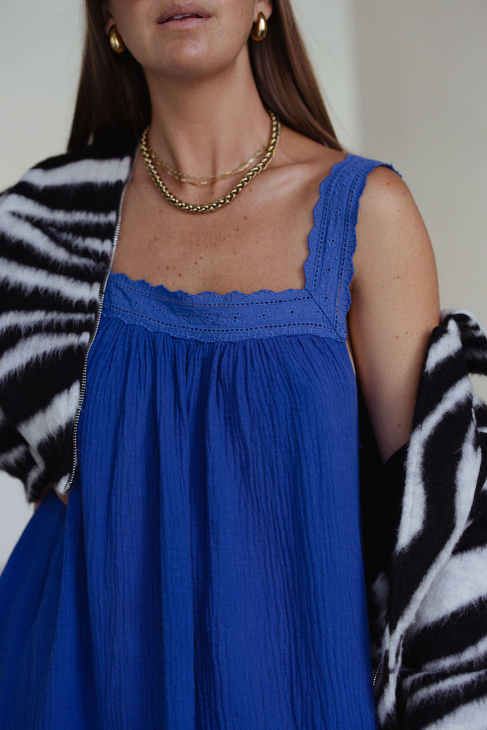 LADIES JUNO LACE NECK SLIP DRESS - COBALT