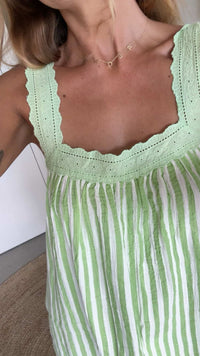 LADIES JUNO LACE NECK MINI DRESS - GREEN STRIPE