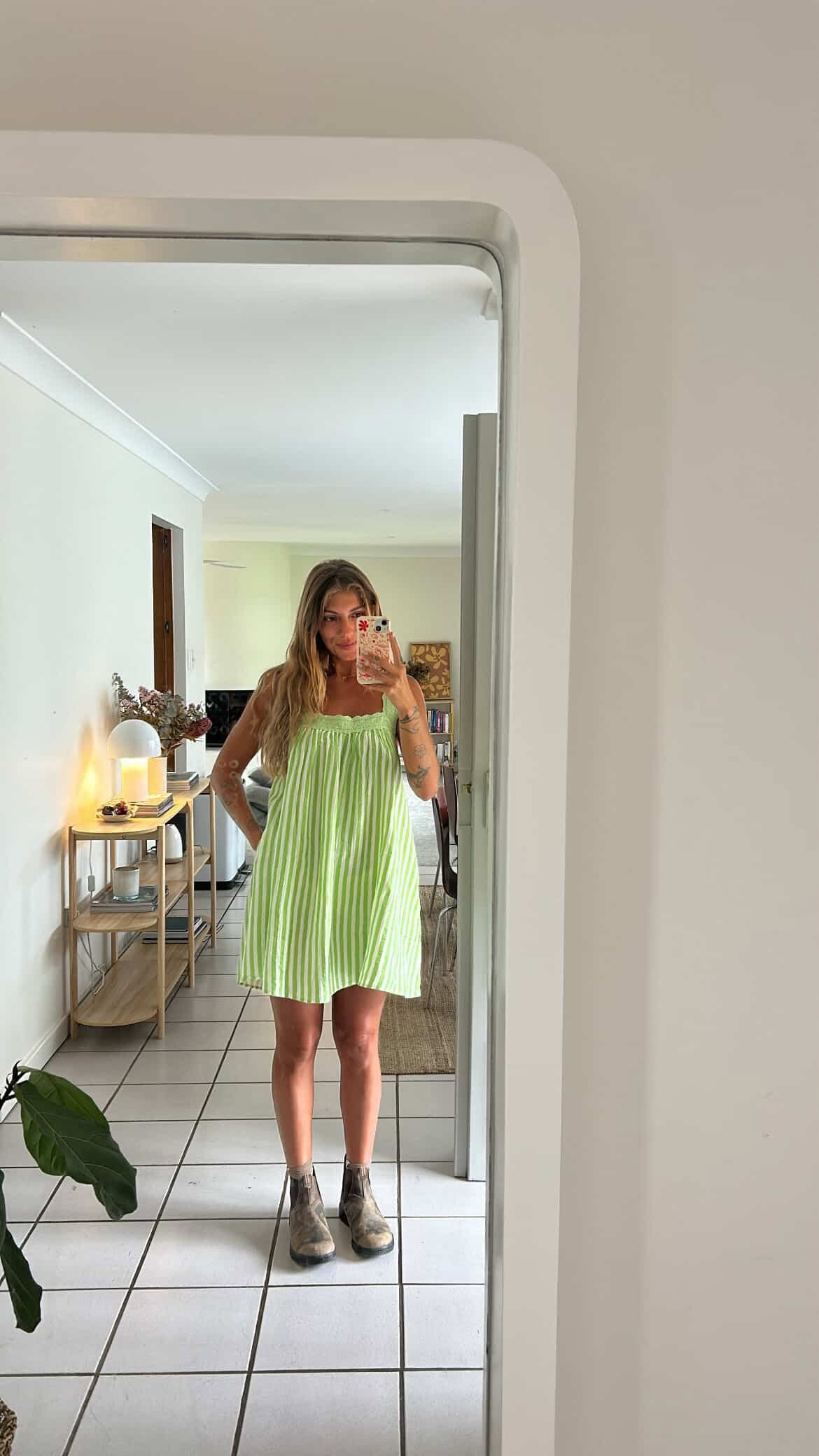 LADIES JUNO LACE NECK MINI DRESS - GREEN STRIPE