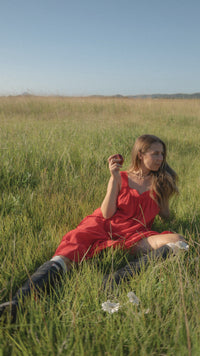 LADIES JUNO LACE NECK SLIP DRESS - RED