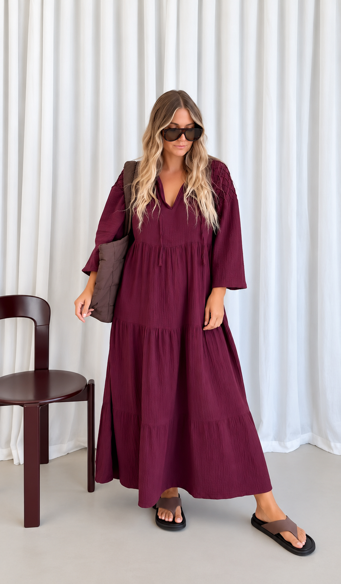 Ladies Dawn Midi Dress - Burgundy