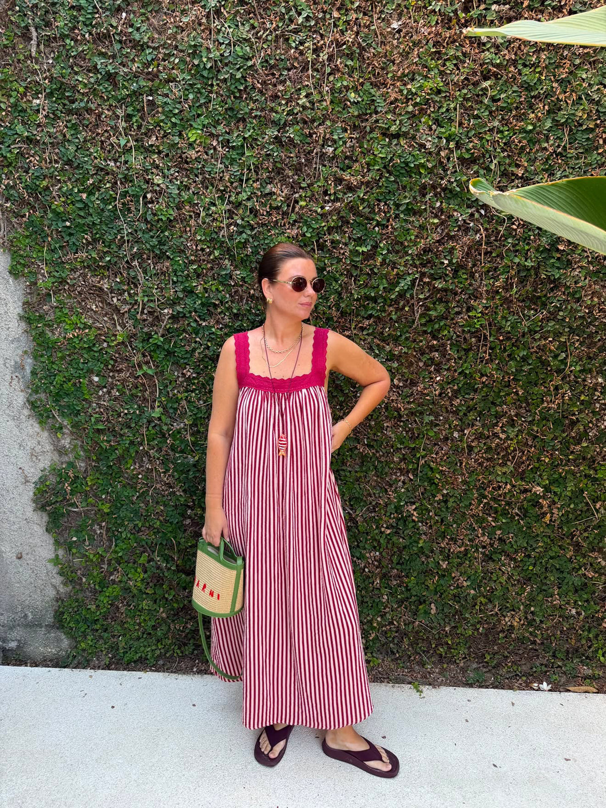 LADIES JUNO LACE NECK SLIP DRESS -  PINK & WINE STRIPE