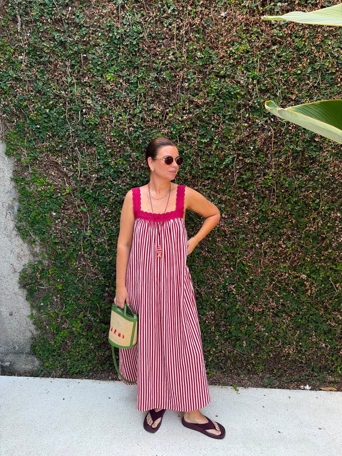 LADIES JUNO LACE NECK SLIP DRESS -  PINK & WINE STRIPE