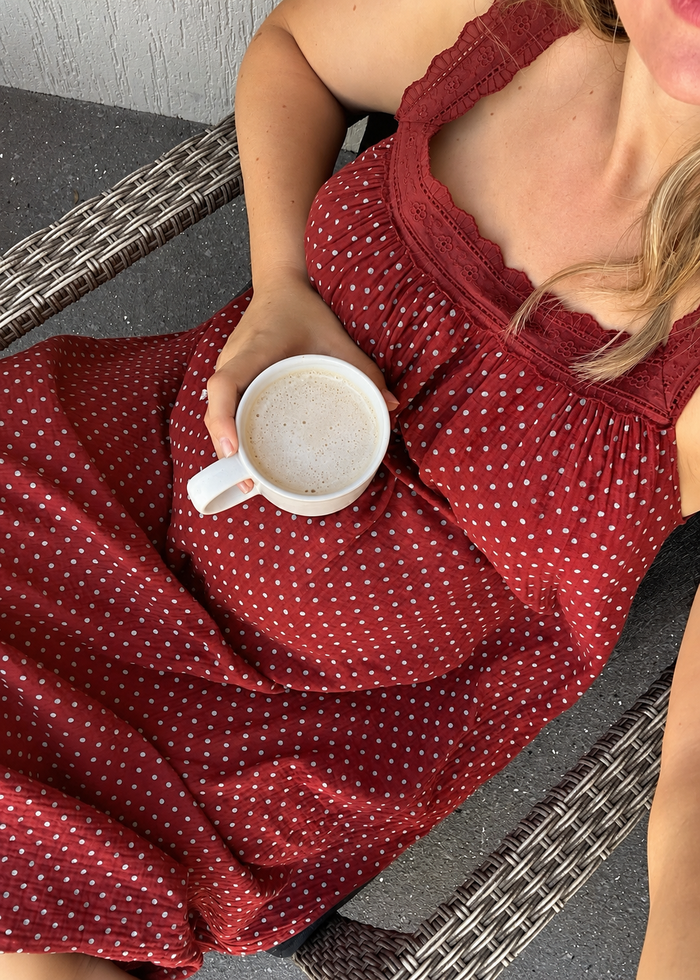 LADIES JUNO LACE NECK SLIP DRESS -  RICH CHOCOLATE WITH BLUE POLKA DOTS