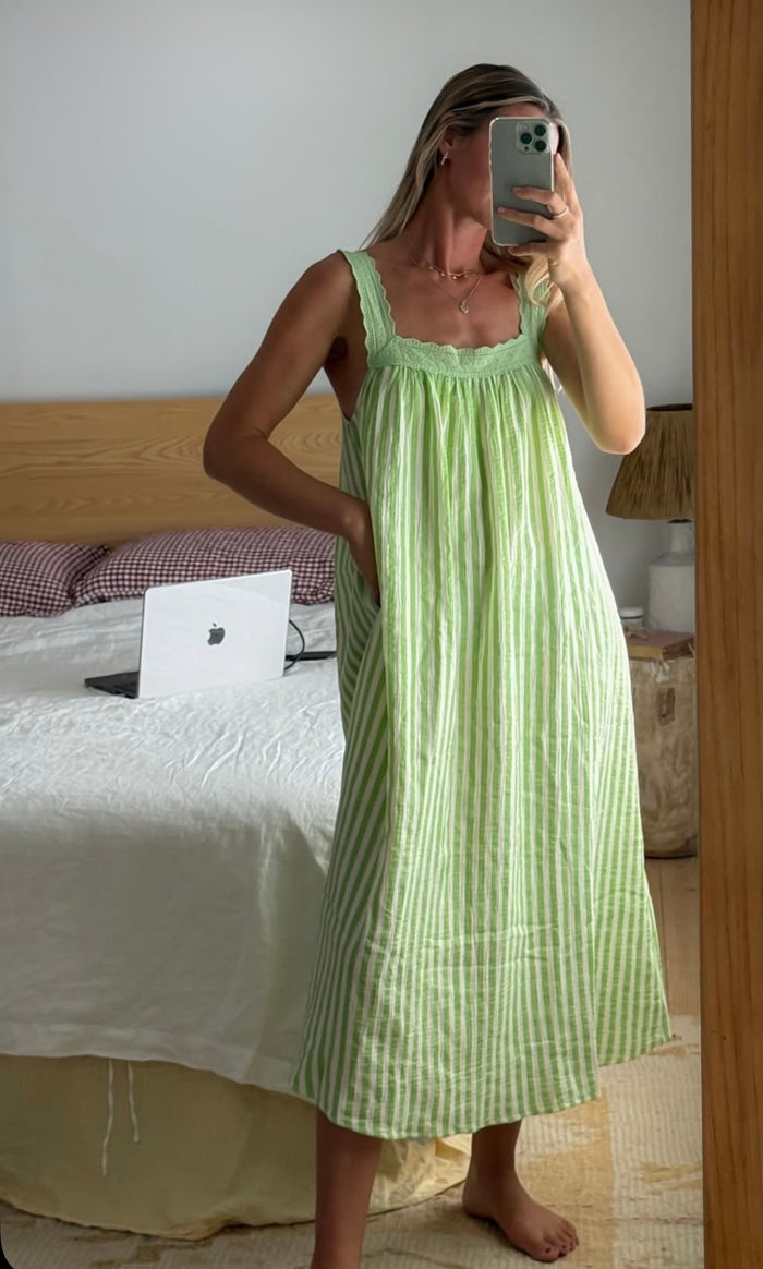 LADIES JUNO LACE NECK SLIP DRESS - GREEN STRIPE