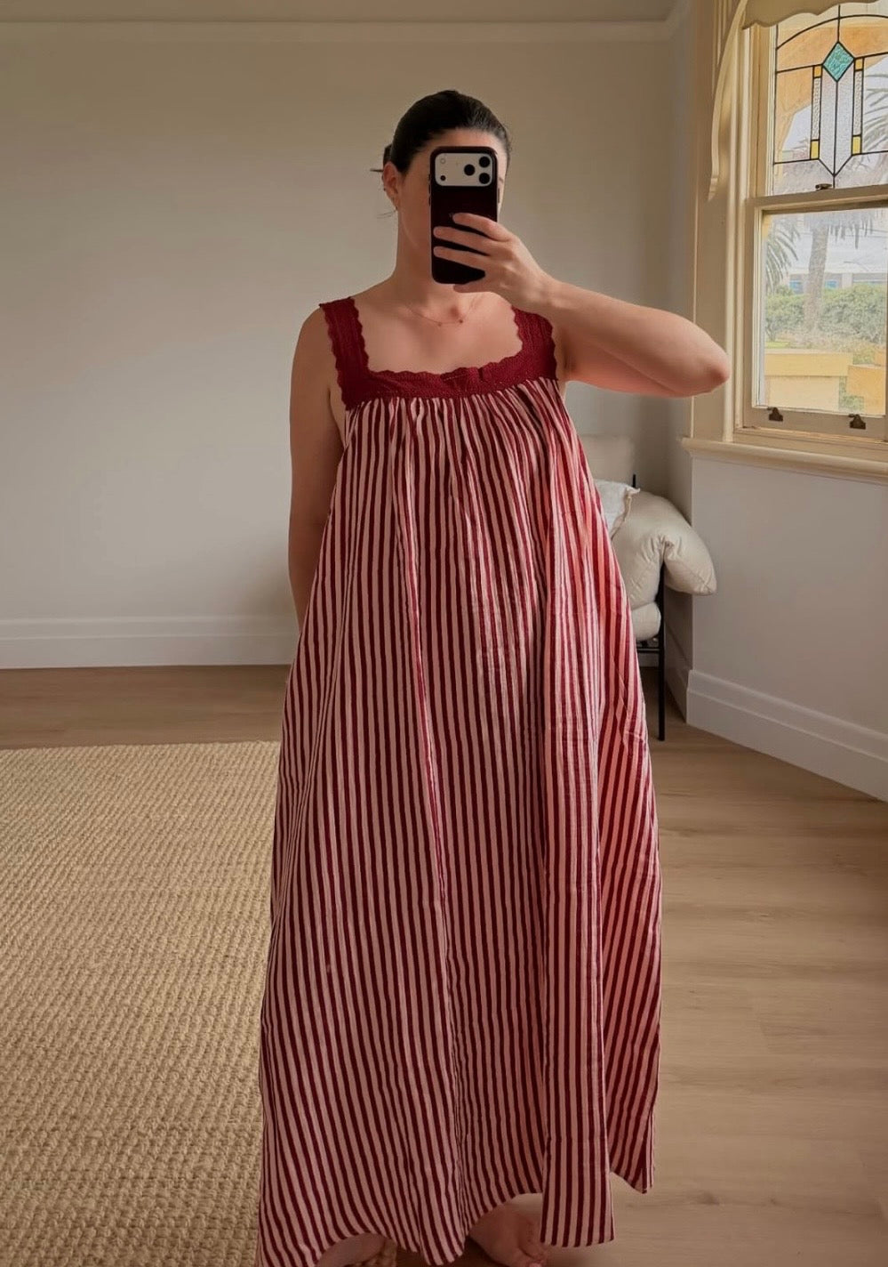 LADIES JUNO LACE NECK SLIP DRESS -  PINK & WINE STRIPE