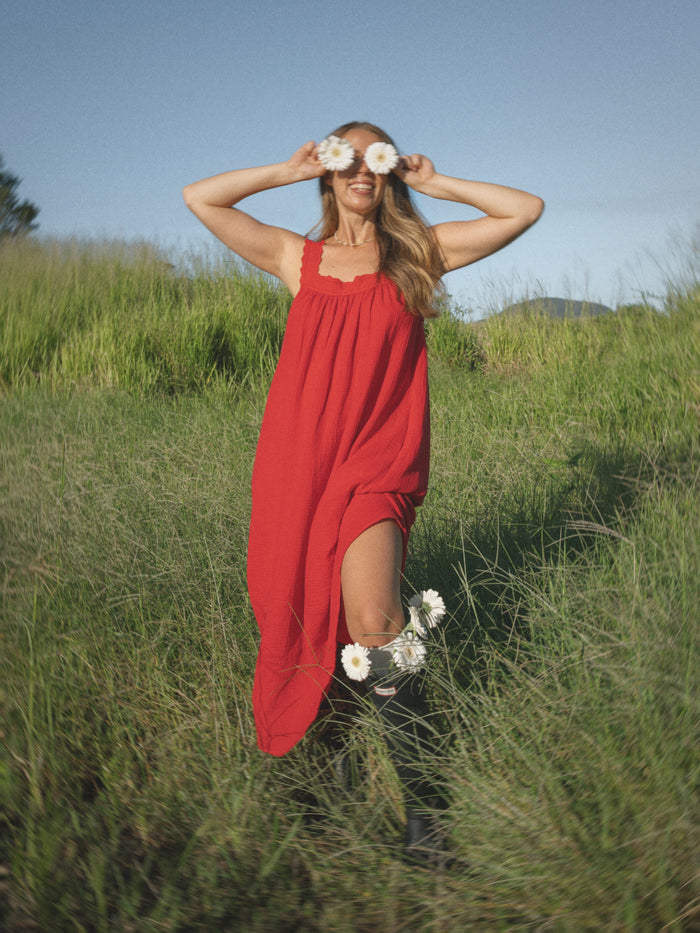 LADIES JUNO LACE NECK SLIP DRESS - RED