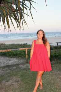 LADIES JUNO LACE NECK MINI DRESS - RED