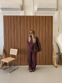 CASPIA WIDE LEG KNIT PANTS - PLUM STRIPE