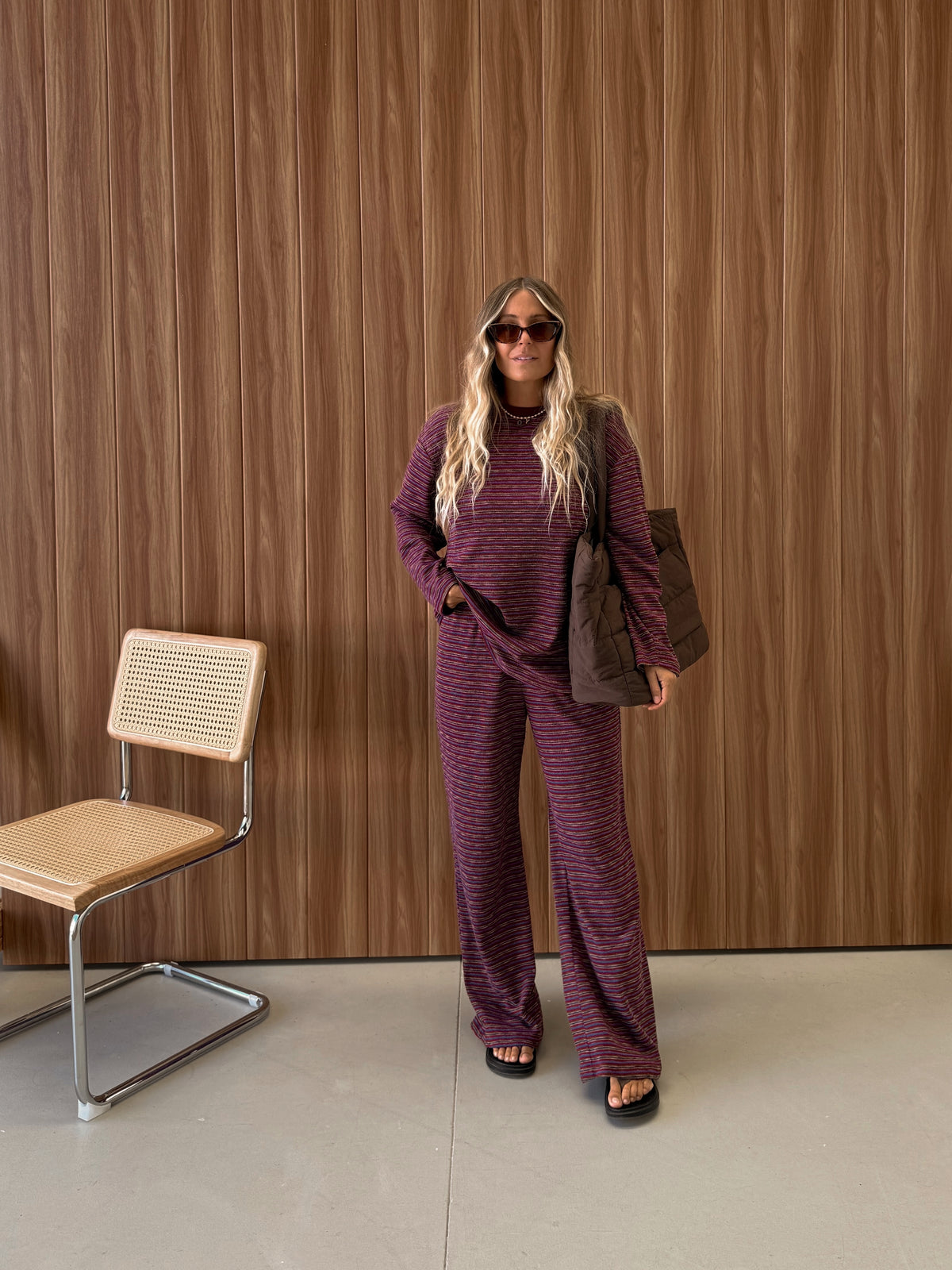 CASPIA WIDE LEG KNIT PANTS - PLUM STRIPE
