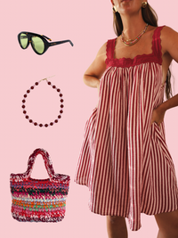 LADIES JUNO LACE NECK MINI DRESS - PINK & WINE STRIPE