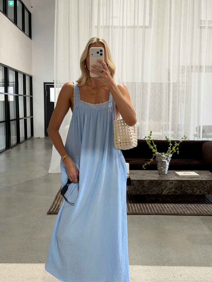 LADIES JUNO LACE NECK SLIP DRESS - BABY BLUE